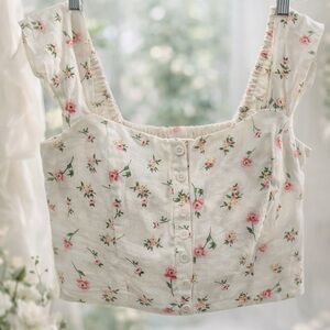 Joie Linen Floral Crop Top NWOT Smocked Pink Roses Cottagecore M